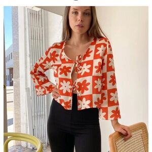 LISA SAYS GAH Orange Daisy Check Camilla Top-XS-NWOT